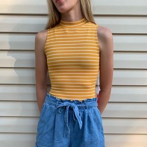 Brand new yellow and white striped body suit.